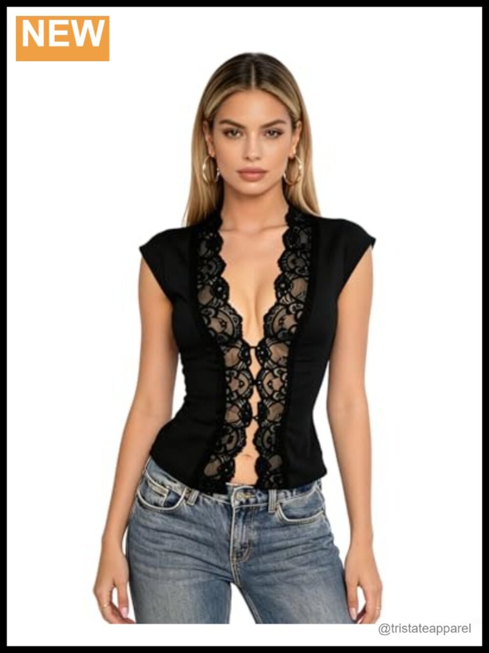 Women's Sheer Lace V Neck Cap Sleeve Button Down Cropped Blouse Going Out Top